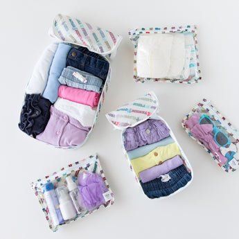 Bumkins The Outfit Organizer Essential 5-Piece Set: Mickey & Friends Varsity holds clothes, sunglasses, & toiletries on a white background.