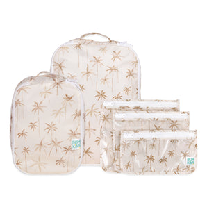 Bumkins Packing Cube 2 Pack + Clear Travel Bag 3 Pack Set in Palm Daze—stylish travel organization with palm tree design.