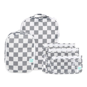 Bumkins Packing Cube 2 Pack + Clear Travel Bag 3 Pack Set in Charcoal Check—stylish, organized travel made easy.