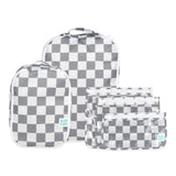 Bumkins Packing Cube 2 Pack + Clear Travel Bag 3 Pack Set in Charcoal Check—stylish, organized travel made easy.