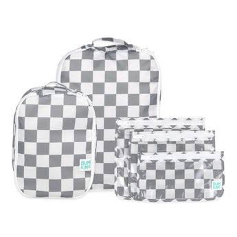 Bumkins Packing Cube 2 Pack + Clear Travel Bag 3 Pack Set in Charcoal Check—stylish, organized travel made easy.