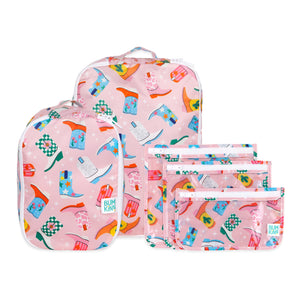 Bumkins Packing Cube 2 Pack + Clear Travel Bag 3 Pack Set—Boots pattern—perfect for travel, shown on a white background.