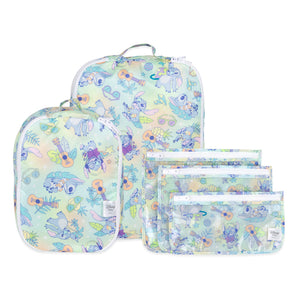 Bumkins Aloha Stitch 2 packing cubes + 3 clear travel bags set, perfect for organizing travel essentials.