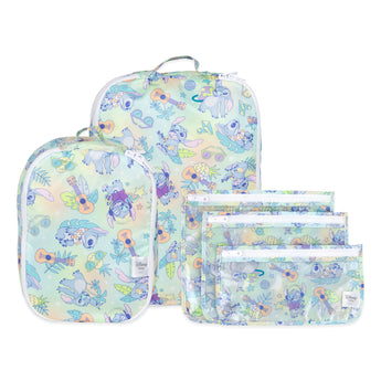 Bumkins Aloha Stitch 2 packing cubes + 3 clear travel bags set, perfect for organizing travel essentials.