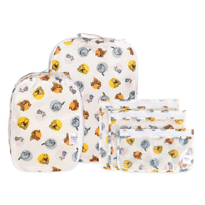 Bumkins Disney Winnie and Friends Packing Cube 2-Pack + 3 Clear Travel Bags feature animal faces, butterflies & bright patterns.
