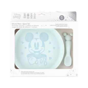 Bumkins Silicone Plate + Spoon Set: Disney Mickey Mouse is shown in a packaging box, with a clear window displaying the plate and spoon.
