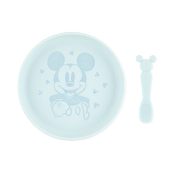 Bumkins Silicone Plate + Spoon Set: Disney Mickey Mouse includes a blue plate with a Mickey Mouse illustration and a matching spoon.