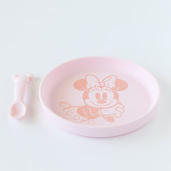 Bumkins Silicone Plate + Spoon Set: Disney Minnie Mouse rests on a white background.