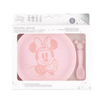Bumkins Silicone Plate + Spoon Set: Disney Minnie Mouse is shown in a packaging box, with a clear window displaying the plate and spoon.
