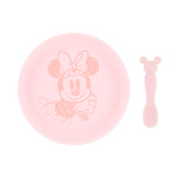 Bumkins Silicone Plate + Spoon Set: Disney Minnie Mouse includes a pink plate and a matching spoon with a mouse-shaped handle.