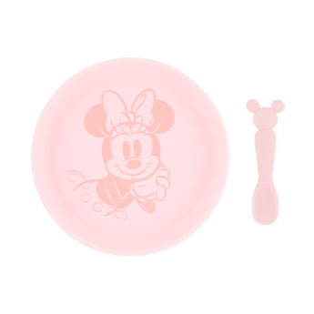 Bumkins Silicone Plate + Spoon Set: Disney Minnie Mouse includes a pink plate and a matching spoon with a mouse-shaped handle.