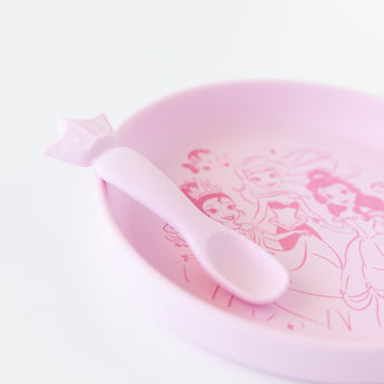 Close-up of Bumkins Silicone Plate + Spoon Set: Disney Princess on a white background.