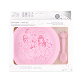 Bumkins Silicone Plate + Spoon Set: Disney Princess is shown in a packaging box, with a clear window displaying the plate and spoon.