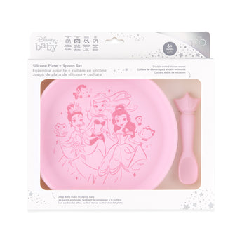 Bumkins Silicone Plate + Spoon Set: Disney Princess is shown in a packaging box, with a clear window displaying the plate and spoon.