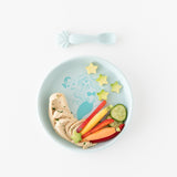 Bumkins Silicone Plate + Spoon Set: Disney Princess Ariel holds hummus, carrots, and cucumber stars on a white background.
