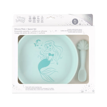 Bumkins Silicone Plate + Spoon Set: Disney Princess Ariel is shown in a packaging box, with a clear window displaying the plate and spoon.