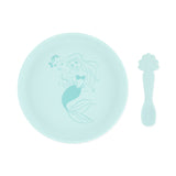 Bumkins Silicone Plate + Spoon Set: Disney Princess Ariel features a teal plate and seashell-handled spoon for fun baby mealtimes.