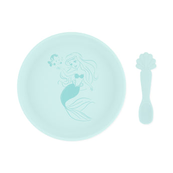 Bumkins Silicone Plate + Spoon Set: Disney Princess Ariel features a teal plate and seashell-handled spoon for fun baby mealtimes.