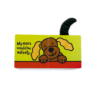 Illustrated page from Jellycats If I Were a Puppy book shows a smiling puppy with velvety ears and wagging tail.