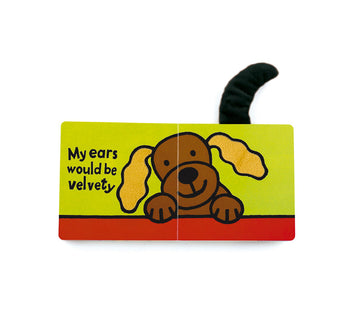 Illustrated page from Jellycats If I Were a Puppy book shows a smiling puppy with velvety ears and wagging tail.