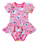 The Birdie Bean Alanna Birdie Twirl is a pink bamboo viscose romper with ruffled sleeves, llamas, balloons, gifts, and party hats!.