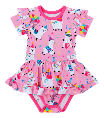 The Birdie Bean Alanna Birdie Twirl is a pink bamboo viscose romper with ruffled sleeves, llamas, balloons, gifts, and party hats!.