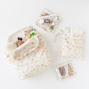 The Bumkins Playdate Planner Deluxe 5-Piece Set: Palm Daze keeps baby items and snacks organized for playdates or travel.