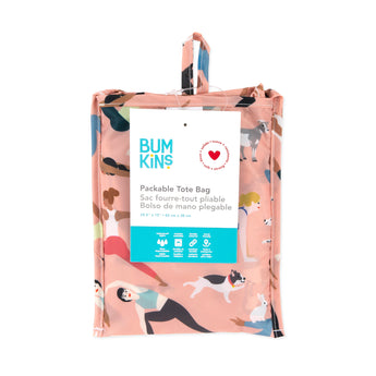 Bumkins Packable Tote Bag: Yoga Pals is folded with its packaging tag.