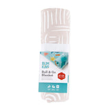 Bumkins Reversible Roll & Go Blanket, Desert Boho is shown rolled with a packaging tag attached.