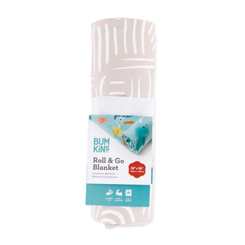 Bumkins Reversible Roll & Go Blanket, Desert Boho is shown rolled with a packaging tag attached.