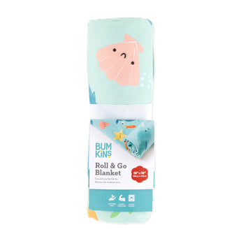 Bumkins Reversible Roll & Go Blanket, Rolling with the Waves is shown rolled with a packaging tag attached.