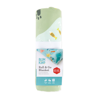 Bumkins Reversible Roll & Go Blanket, Happy Camper is shown rolled with a packaging tag attached.