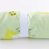 Close-up of a rolled Bumkins Reversible Roll & Go Blanket, Happy Camper on a white background, secured by a white elastic band.