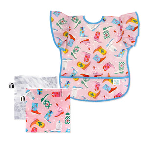 Bumkins Snack In Style 3-Piece Set: Disco Boots includes a waterproof bib and 2 waterproof pouches with cowboy boot & gray mosaic patterns.
