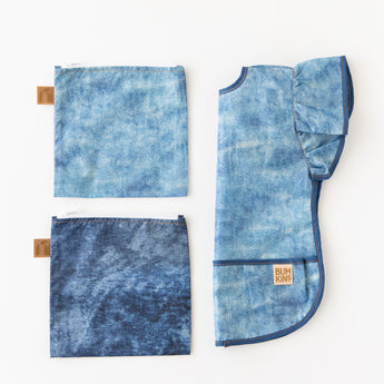 Bumkins Snack In Style 3-Piece Set: Denim On Denim lays neatly arranged on a white background.