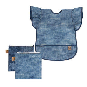 Bumkins Snack In Style 3-Piece Set: Denim On Denim includes a waterproof bib and two waterproof pouches with denim fabric patterns.