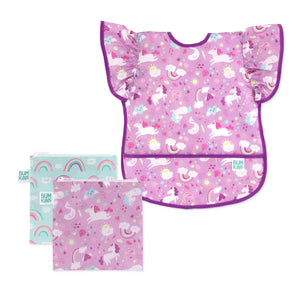 Bumkins Snack In Style 3-Piece Set: Unicorns and Rainbows includes a waterproof bib and 2 waterproof pouches with unicorn & rainbow designs.