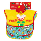 The SuperBib® 2 Pack: Super Mario™ Expressions by Bumkins boasts Feed Me! text, vivid graphics, and an easy-wipe waterproof fabric.