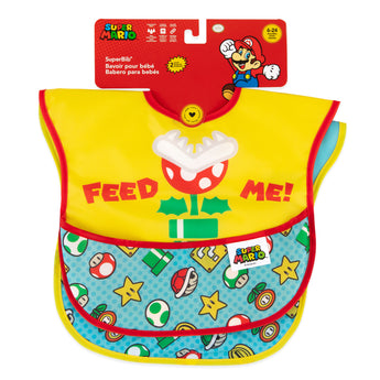 The SuperBib® 2 Pack: Super Mario™ Expressions by Bumkins boasts Feed Me! text, vivid graphics, and an easy-wipe waterproof fabric.