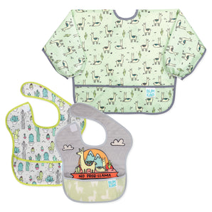 Bumkins SuperBib® and Sleeved Bib 3-Piece Set: No Prob-Llama, Llamas, Cacti features 3 waterproof fabric bibs with llama & cactus prints.