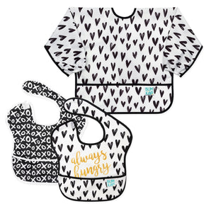 Bumkins SuperBib® and Sleeved Bib 3-Piece Set: Always Hungry, XOXO, Hearts includes 3 waterproof black & white patterned bibs with pockets.