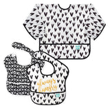 Bumkins SuperBib® and Sleeved Bib 3-Piece Set: Always Hungry, XOXO, Hearts includes 3 waterproof black & white patterned bibs with pockets.
