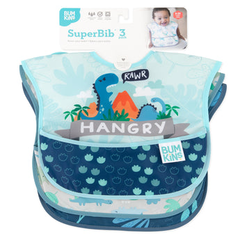 The Bumkins SuperBib® 3 Pack features waterproof bibs in blue and green with RAWR, HANGRY, and fun dinosaur designs.