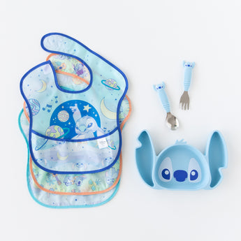Bumkins On-The-Go Mealtime 7-Piece Set: Stitch Star-ring Up Trouble lays flat on a white background.