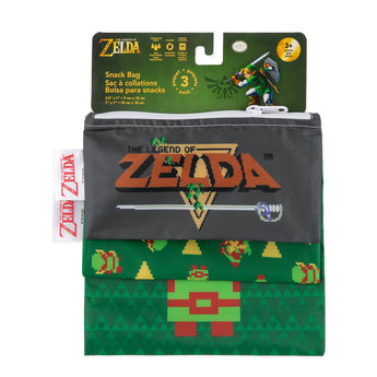 Bumkins Reusable Snack Bag, 3-Pack: The Legend of Zelda™ features Link graphics and green pixel patterns in waterproof fabric.