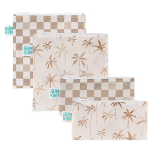 Four Bumkins Reusable Snack Bags—Palm Check 4 Pack—feature two tan checkered and two palm tree designs, arranged in a row.