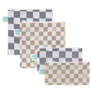 Bumkins Reusable Snack Bag 4 Pack: Double Check features two sizes in gray and beige checkerboard patterns.