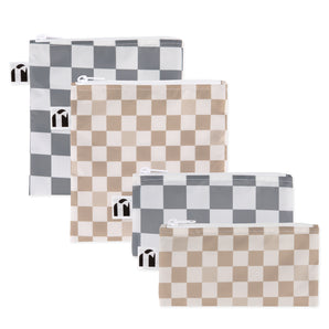 Roamio by Bumkins Reusable Snack Bag 4 Pack: Double Check features 4 checkered waterproof bags—two gray & white and two tan.