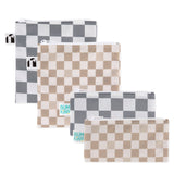 Bumkins Reusable Snack Bag 4 Pack: Double Check features checkered waterproof bags, two gray & white and two tan, with zipper closure.