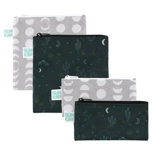 Bumkins Reusable Snack Bag 4 Pack: Desert Night—black and gray bags with cactus and moon patterns, shown overlapping.